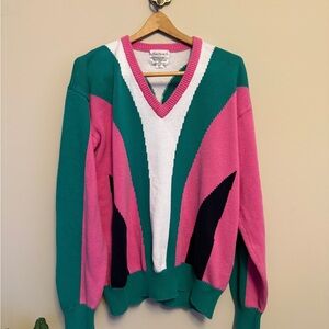 Vintage Bachrach Colorblock 80s Sweater – Pink Teal Retro V-Neck XL
